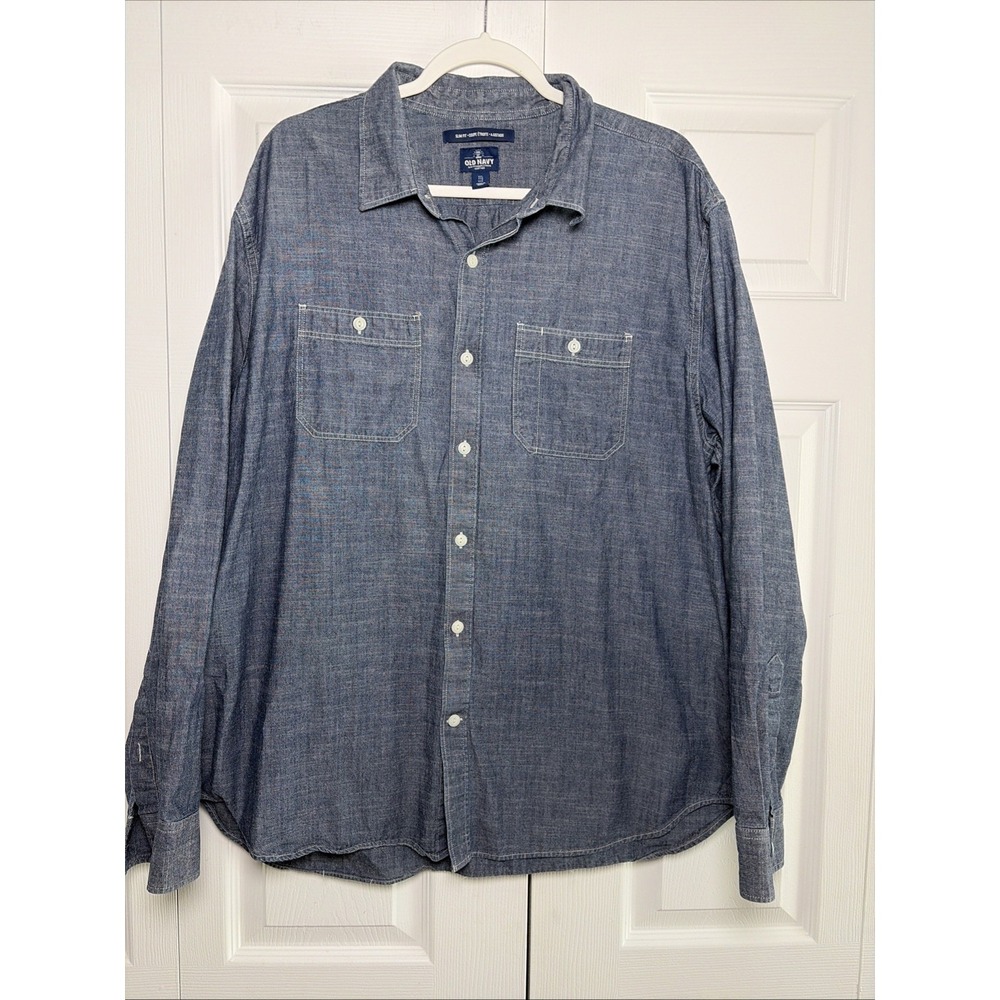 Old Navy Slim Fit Chambray Shirt Mens XXL Blue Button Down Cotton Dual Pocket